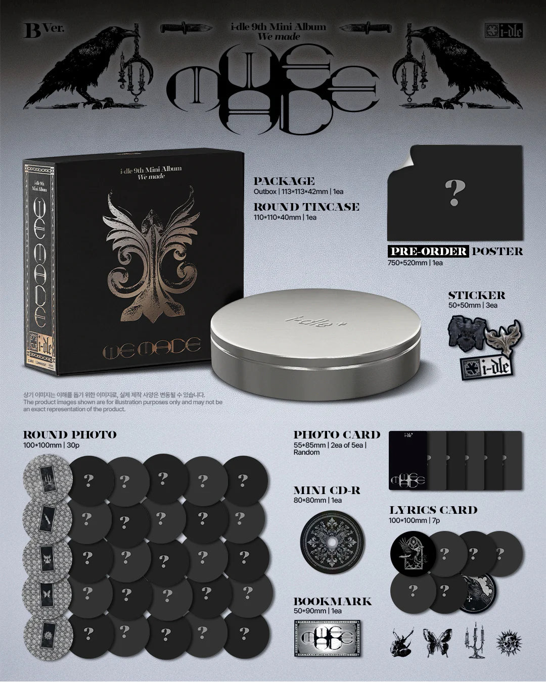 i-dle's 9th mini album inclusions such as a round tin case, photo cards, and stickers on a gray background.