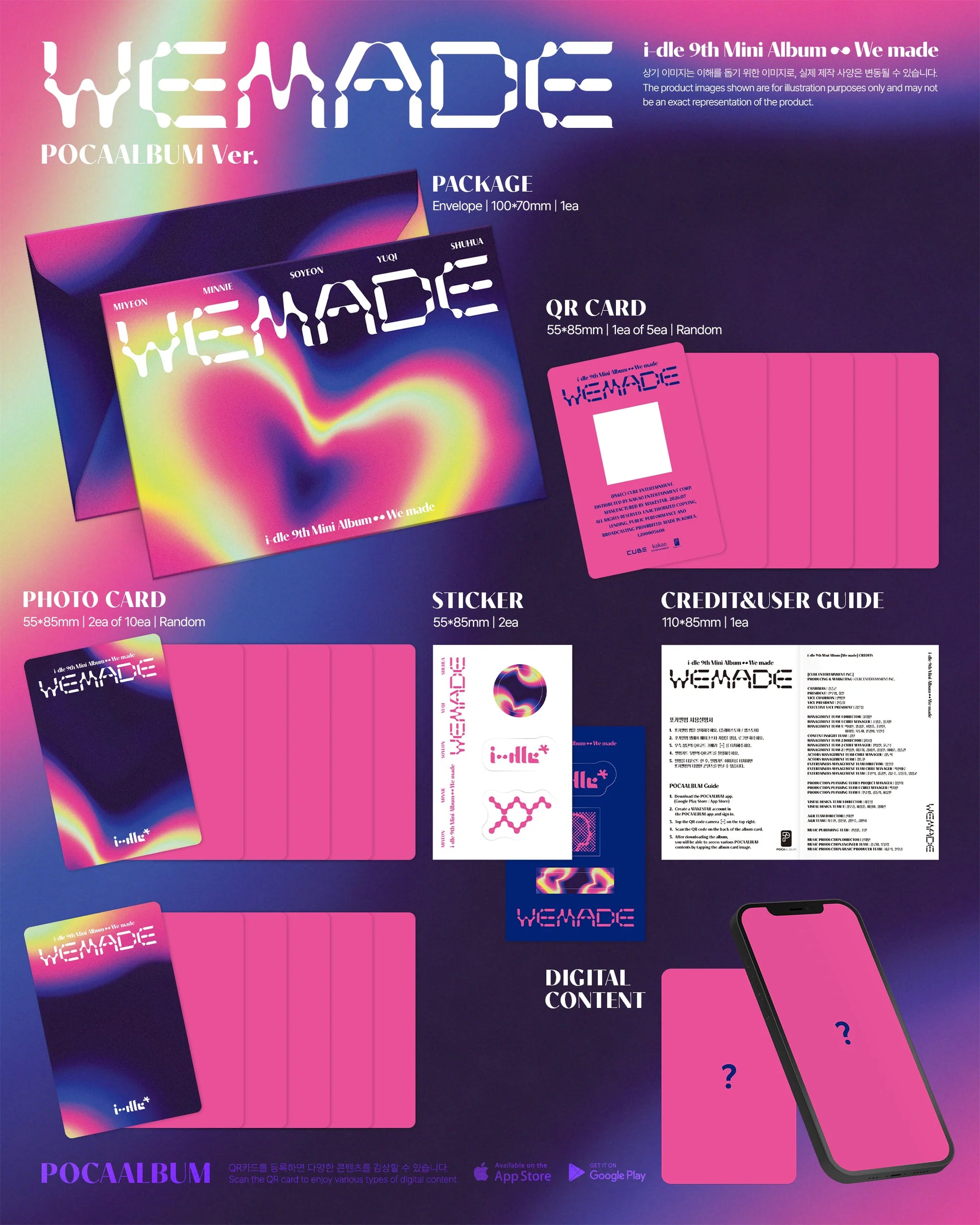 Promotional image of i-dle's 'Wemade' album packaging with its various inclusions on a gradient background