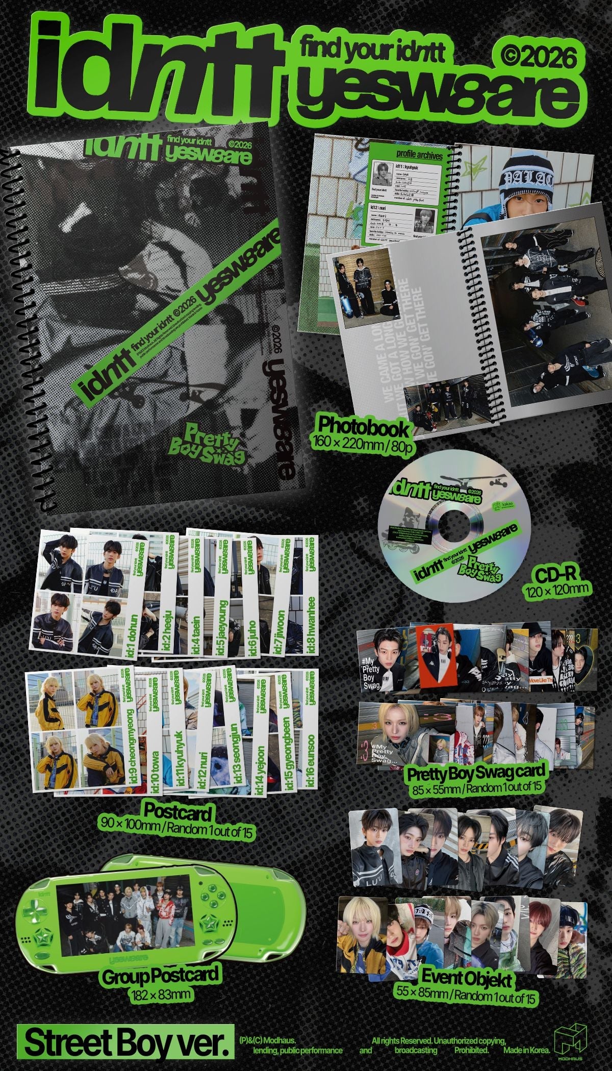 Inclusions for idntt's album titled 'yesw8are' featuring various items like photos, postcards, photocards, and a CD.
