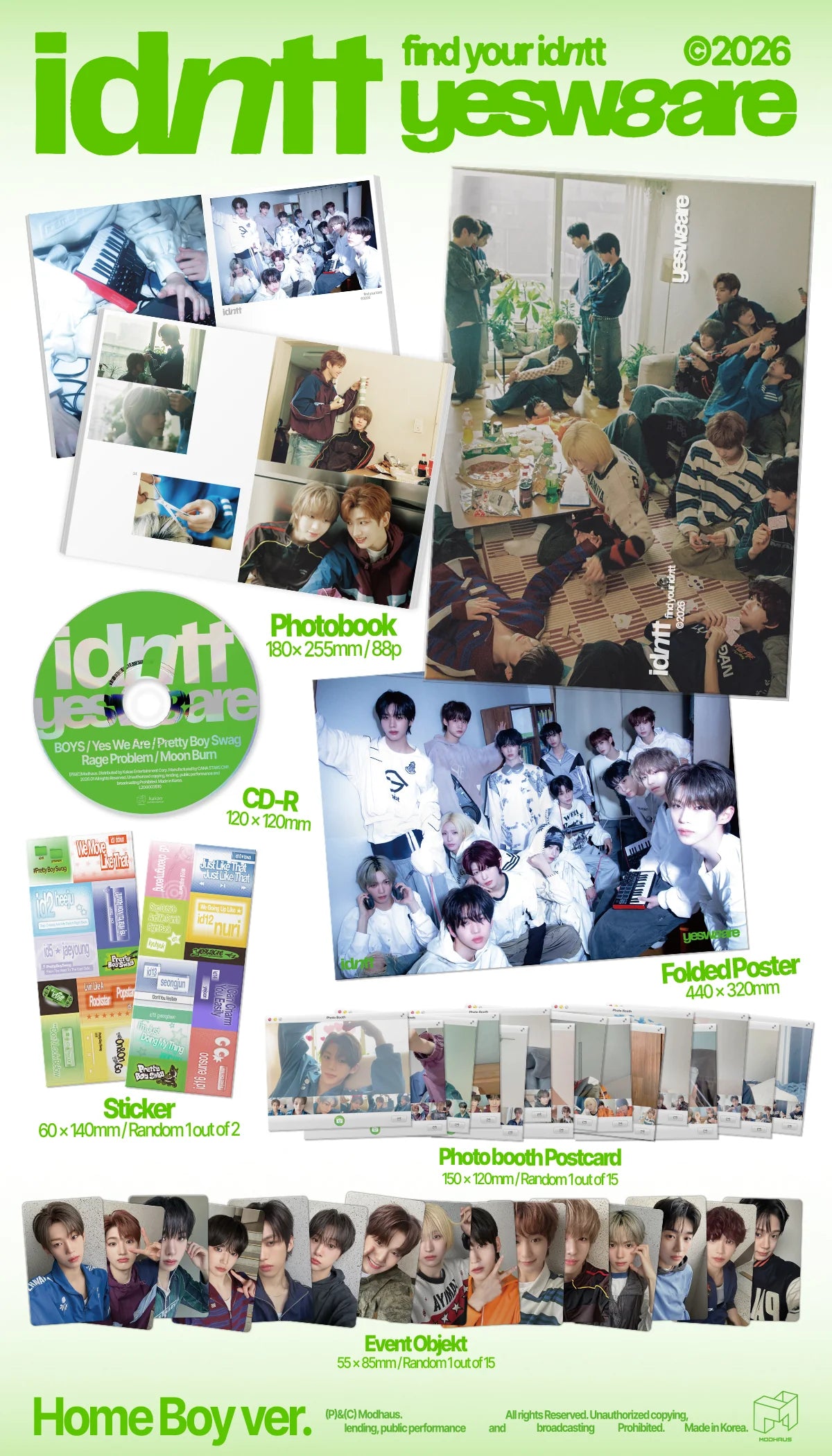 Inclusions for idntt's album titled 'yesw8are' featuring various items like photos, postcards, photocards, and a CD.