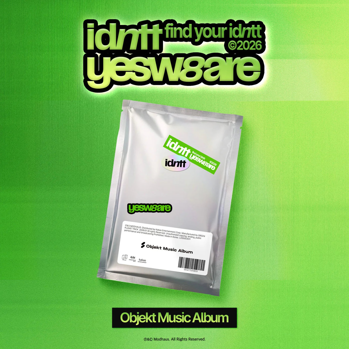 Silver packaging with 'idntt' and 'yesw8are' branding on a green background