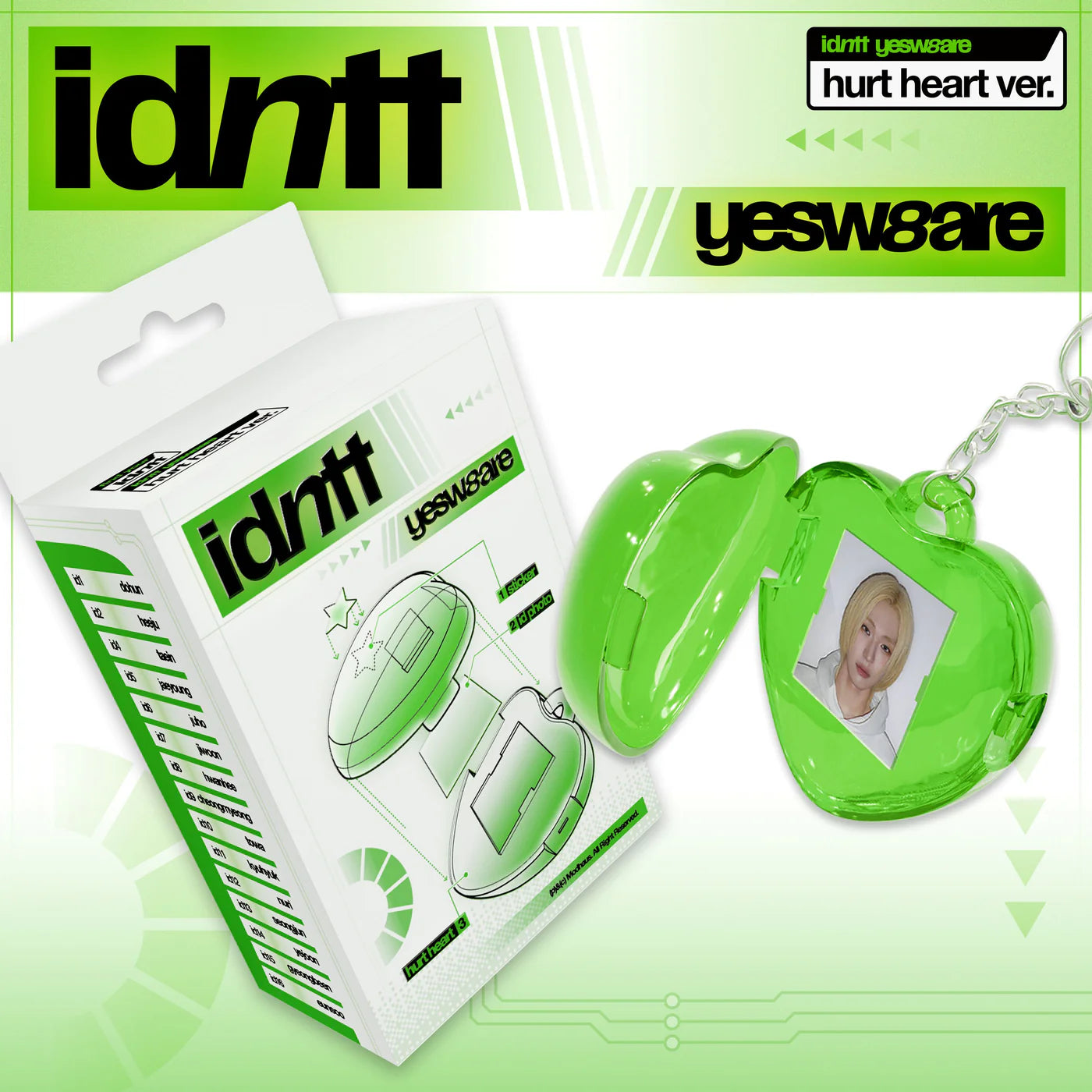1 box as an album packaging with 'idnntt yesw8are' branding and a green keyring display on a green & white background.