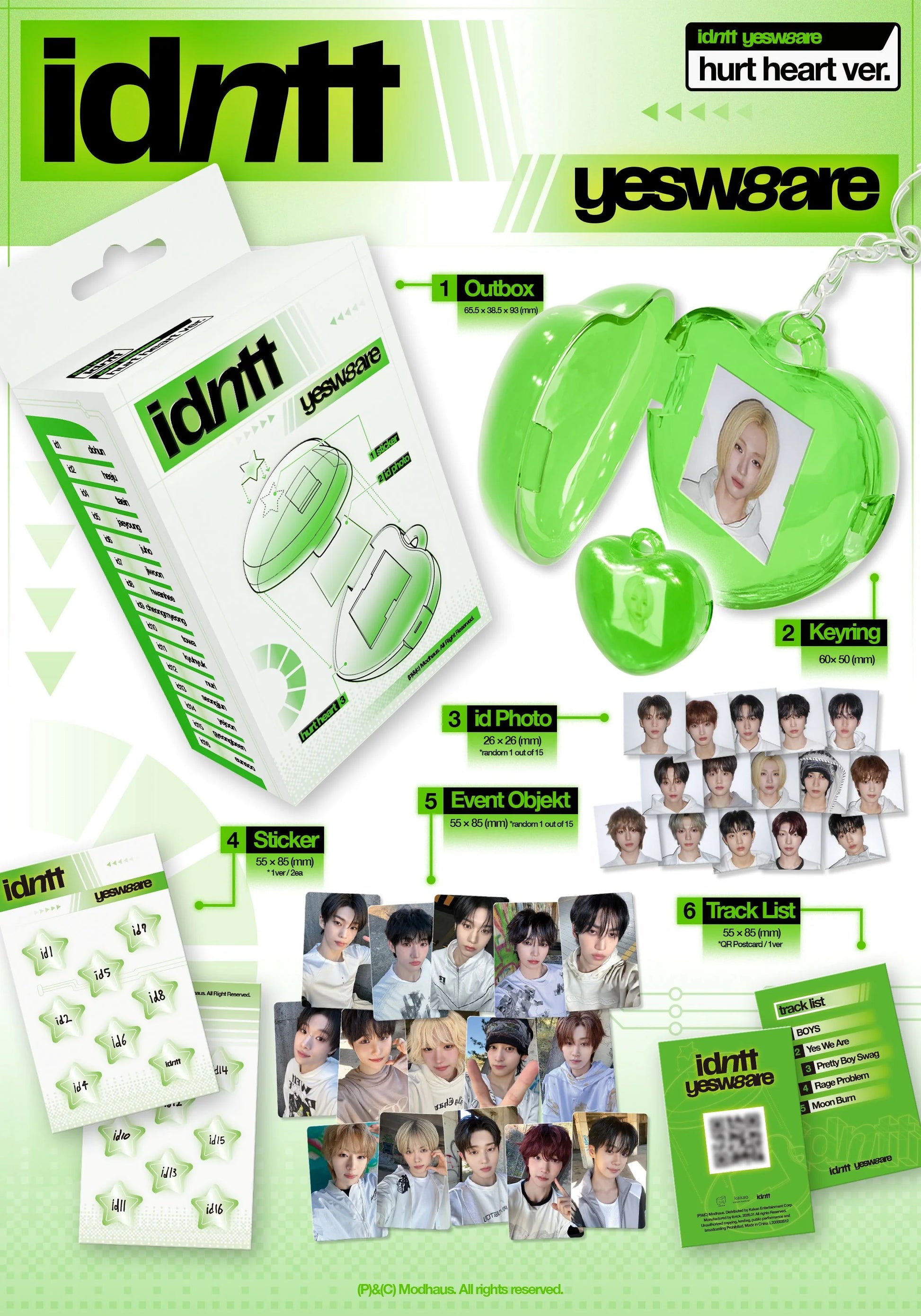 Inclusions for idntt's album titled 'yesw8are' featuring various items like a keyring, id photo, stickers, and photocards.