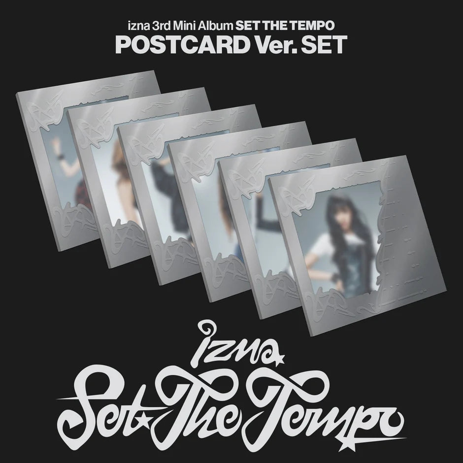 Promotional image of izna's 3rd mini album 'Set The Tempo' postcard version set on a black background.