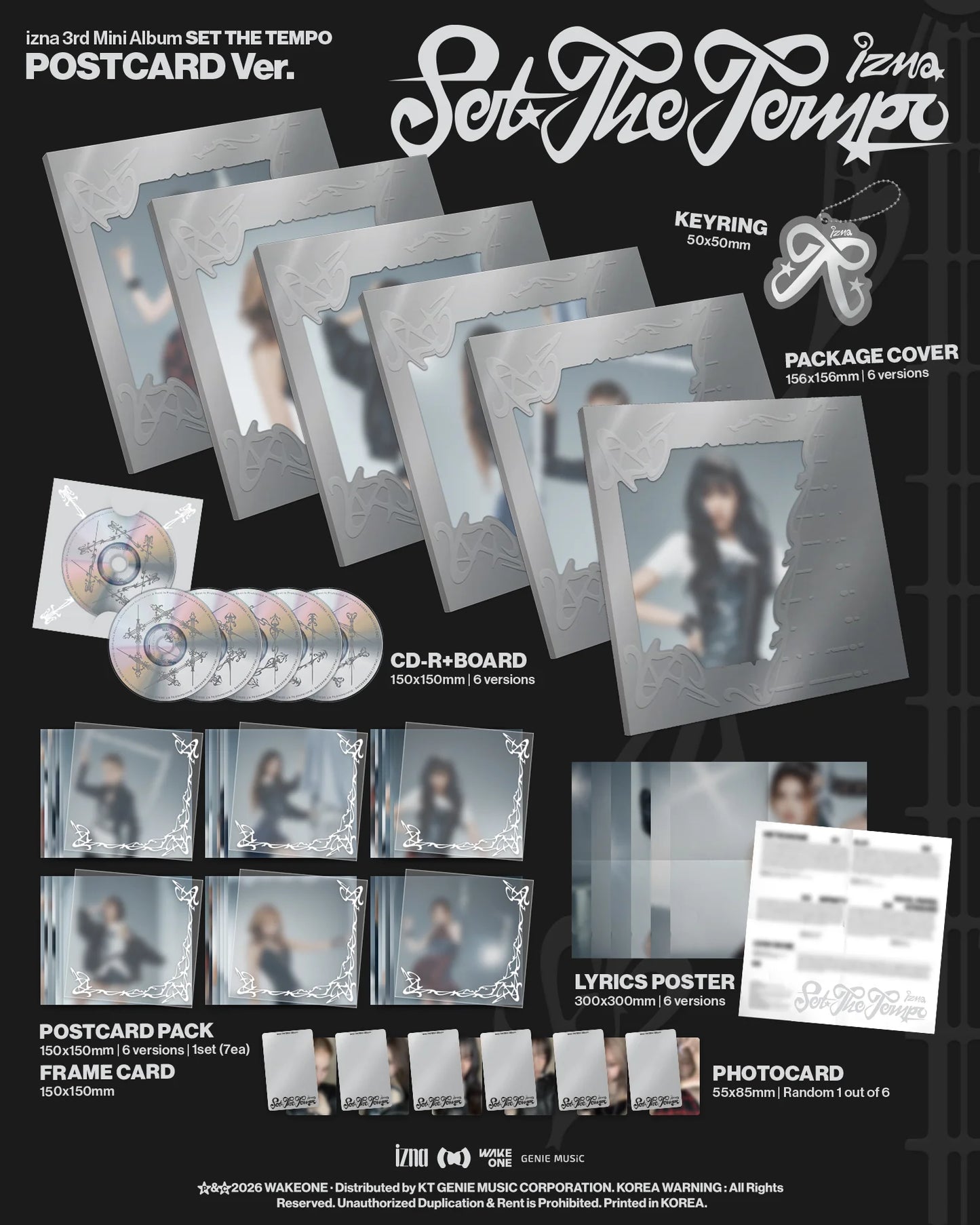 Promotional image of izna's 3rd music album inclusions with various items such as CDs, photo cards, and posters.