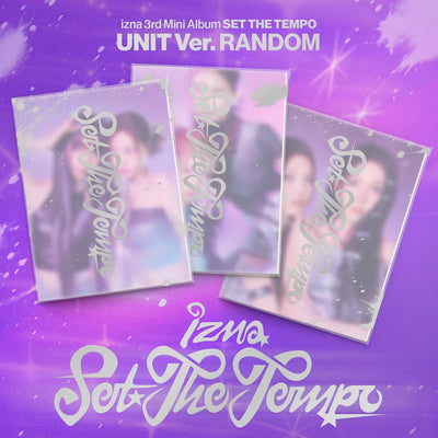 Album cover for Izna's 3rd mini album 'Set The Tempo' with a purple background and album images.