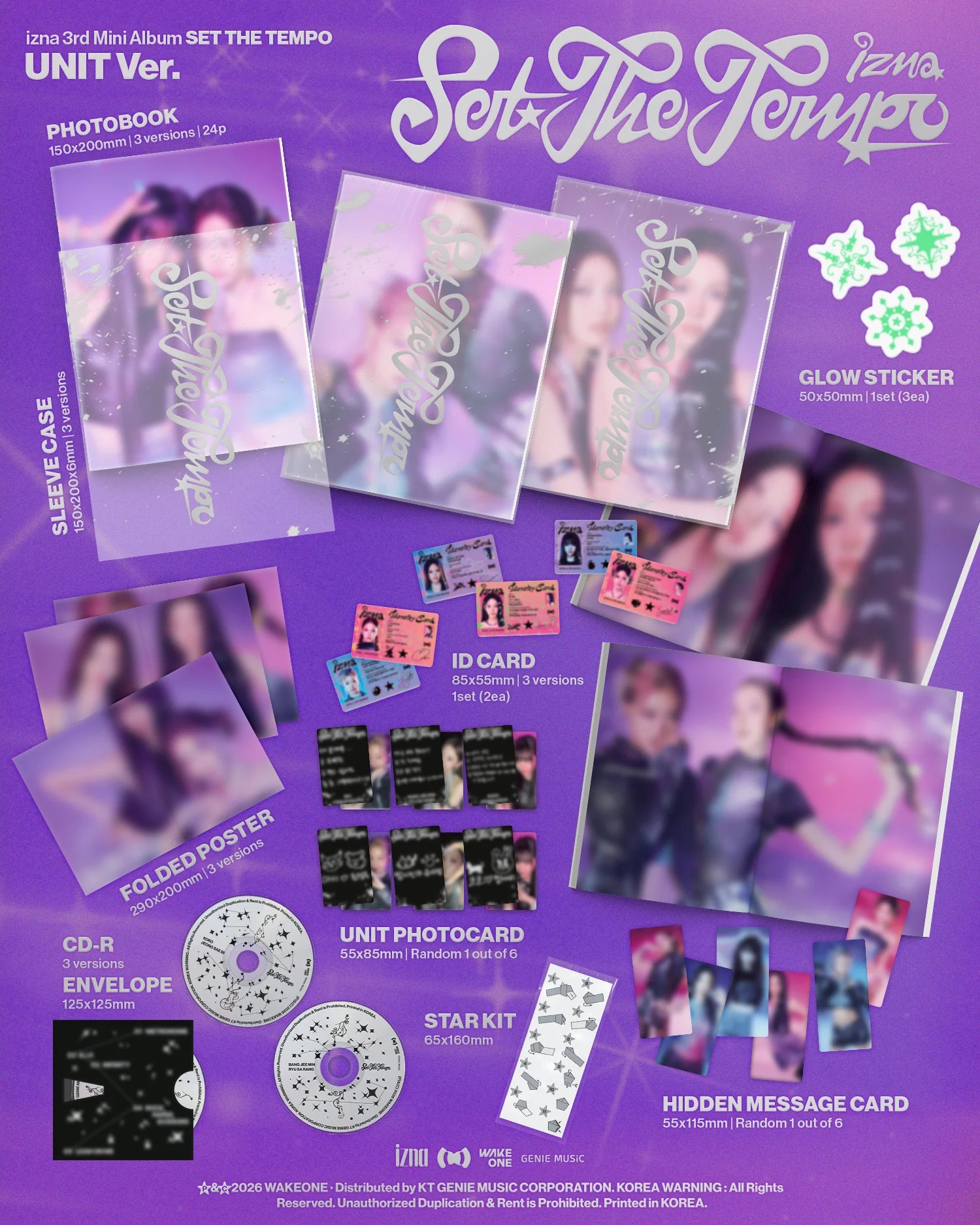 Promotional image of izna's 3rd mini album 'Set The Tempo' with various inclusions such as photobook, glow sticker, photocard, CD-R, poster.