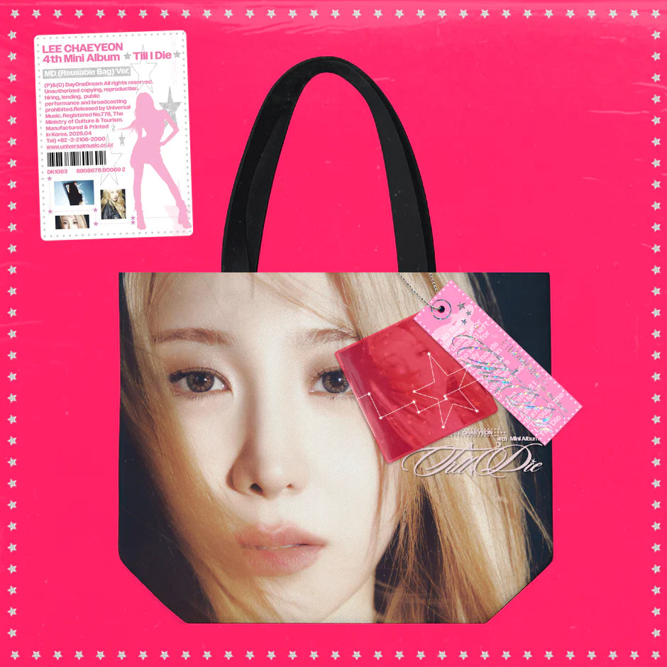Album cover for Lee Chaeyeon's 4th mini album 'Till I Die' with a photo of her on a merchandise bag on a pink background