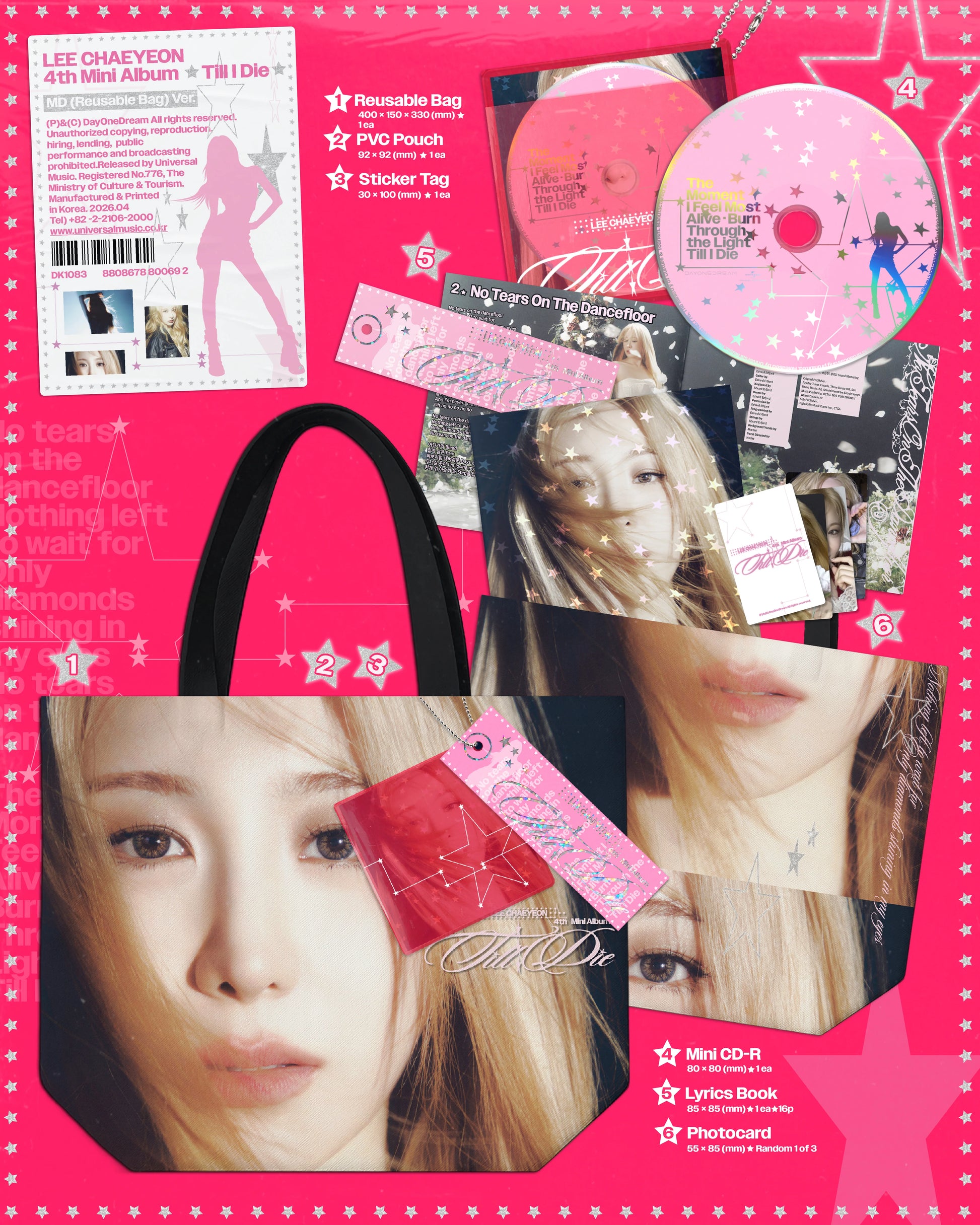 Product inclusions of Lee Chaeyeon's 4th mini album merchandise version with a tote bag, PVC pouch, and sticker tag