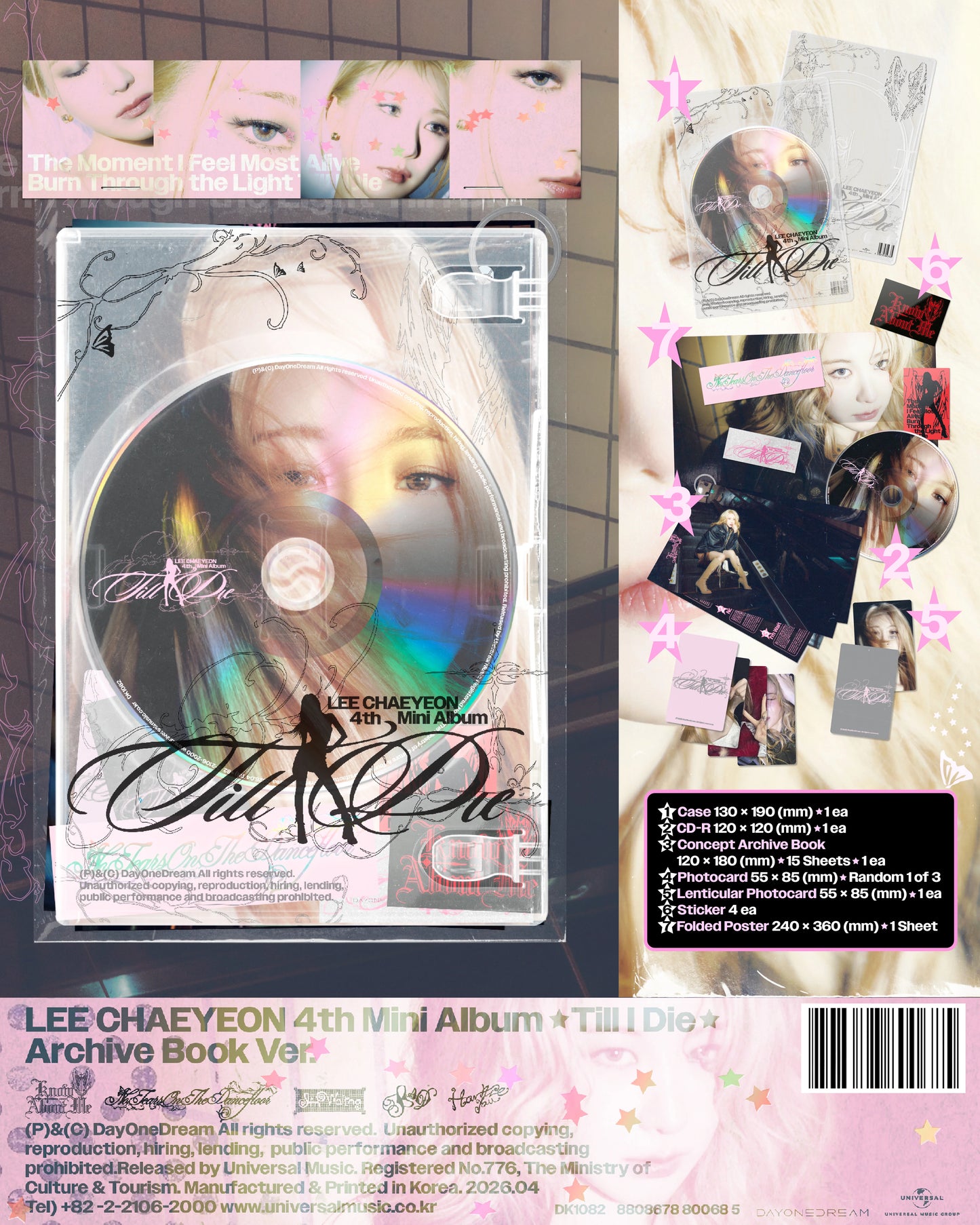 Promotional image of Lee Chaeyeon's 4th mini album 'Till I Die' with product details on a silhouette background
