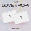 Two white boxes with question marks  as LOVE&POP pt.1 album on a gradient background with 'triplesS' branding.