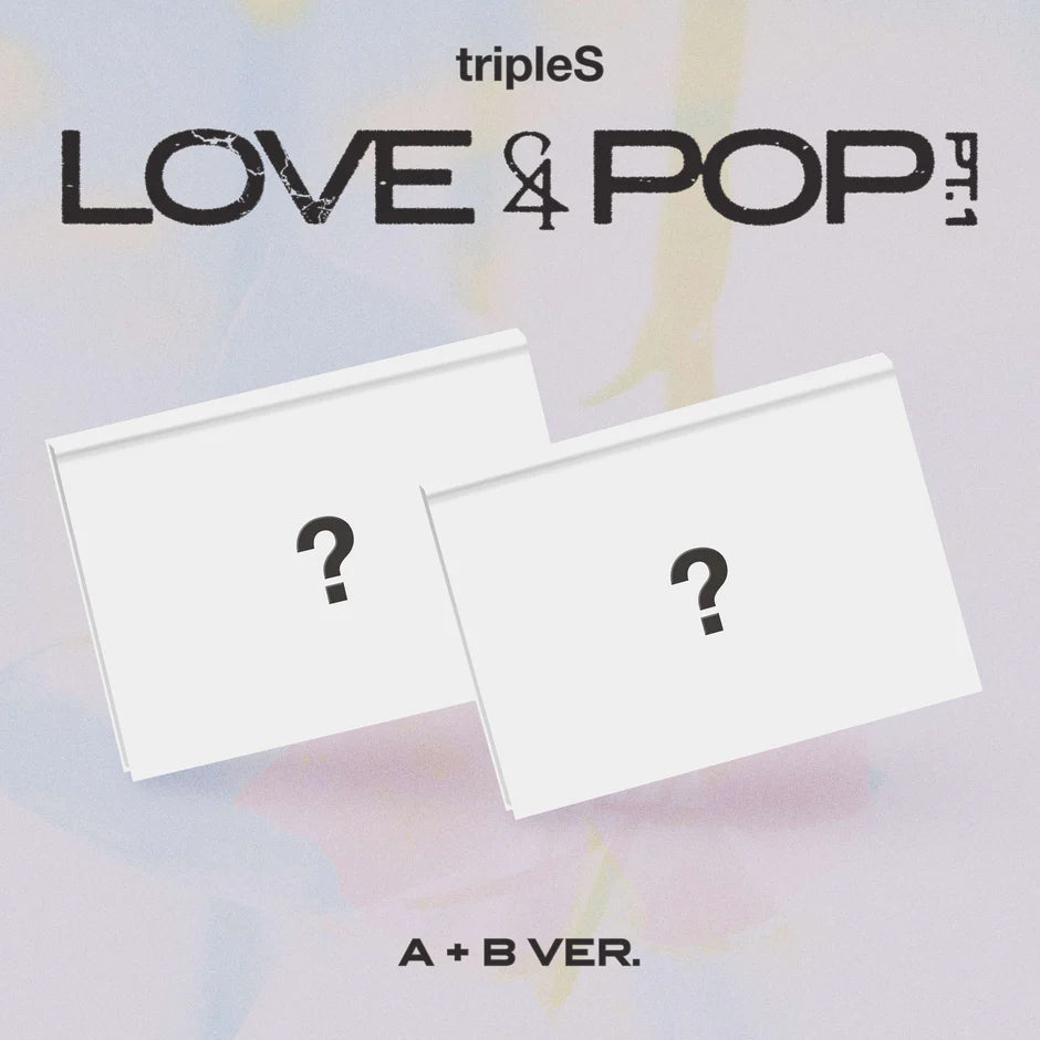 Two white boxes with question marks  as LOVE&POP pt.1 album on a gradient background with 'triplesS' branding.