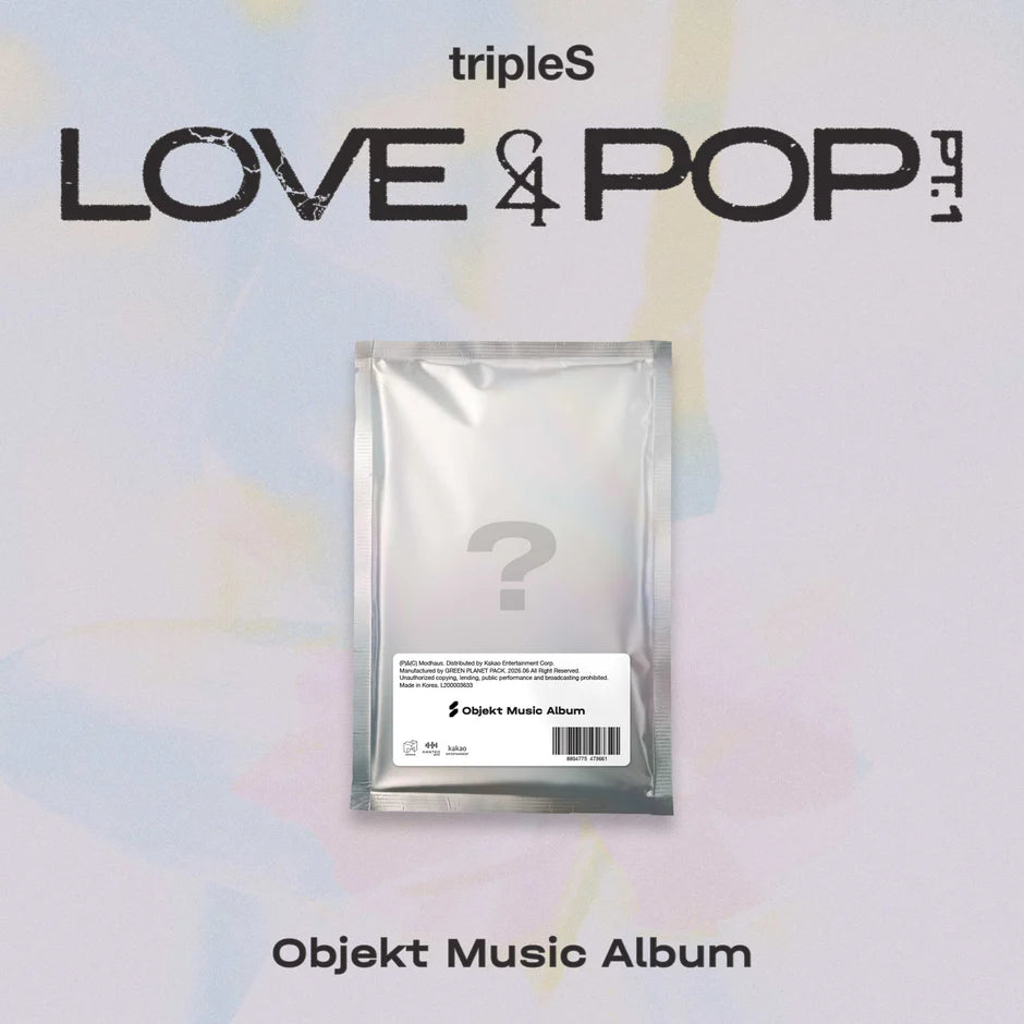 tripleS's LOVE&POP objekt music version silver packaging on a gradient background