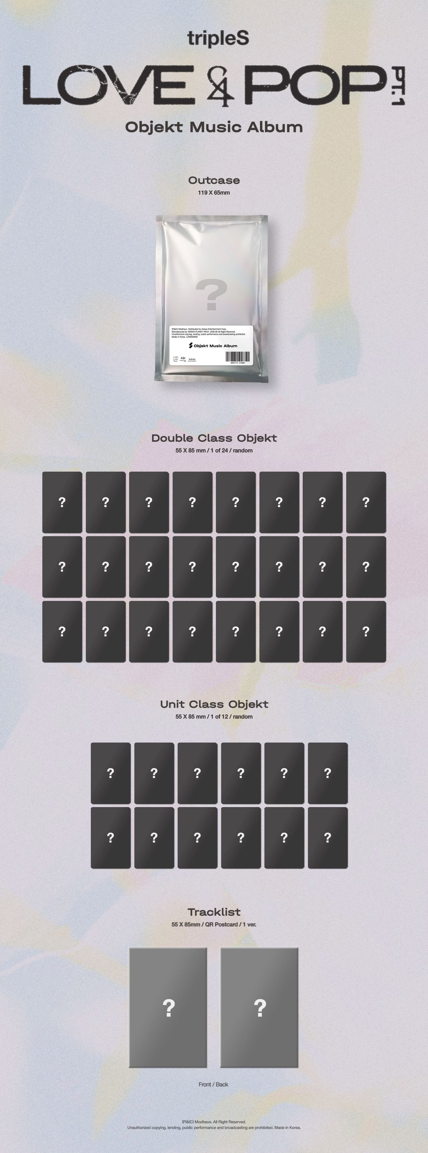 tripleS's LOVE&POP Objekt Music version inclusions with double class objekt, unit class objekt, and tracklist.