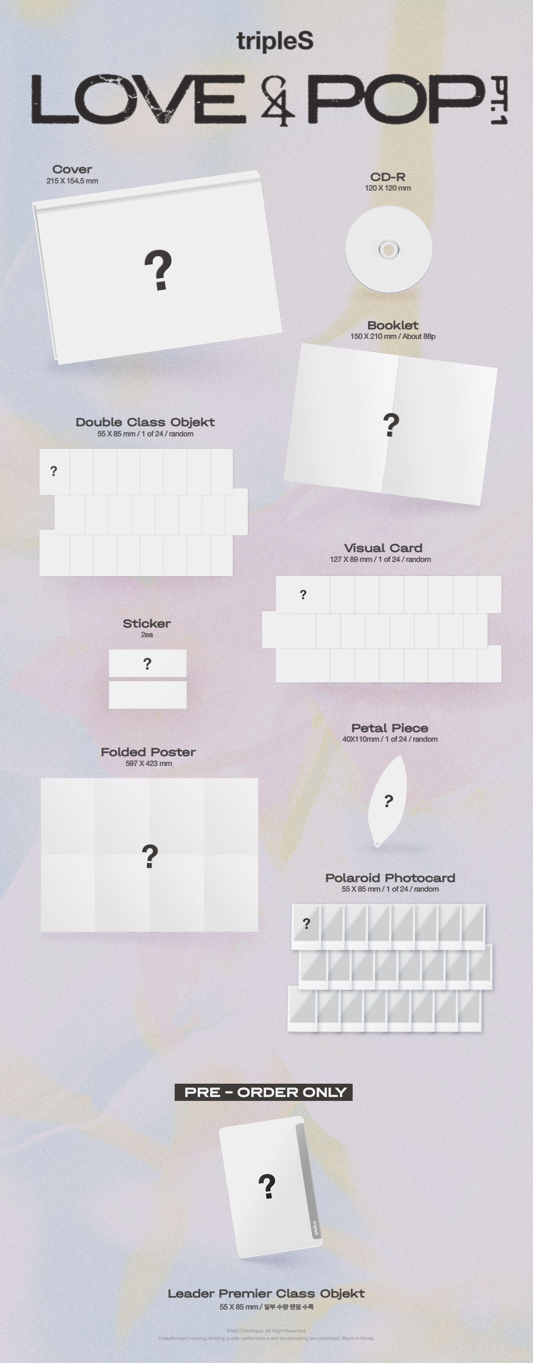 tripleS's LOVE&POP pt.1 Type A album inclusions with CD-R, sticker, poster, photocard, double class objekt, visual card, petal piece, booklet. 