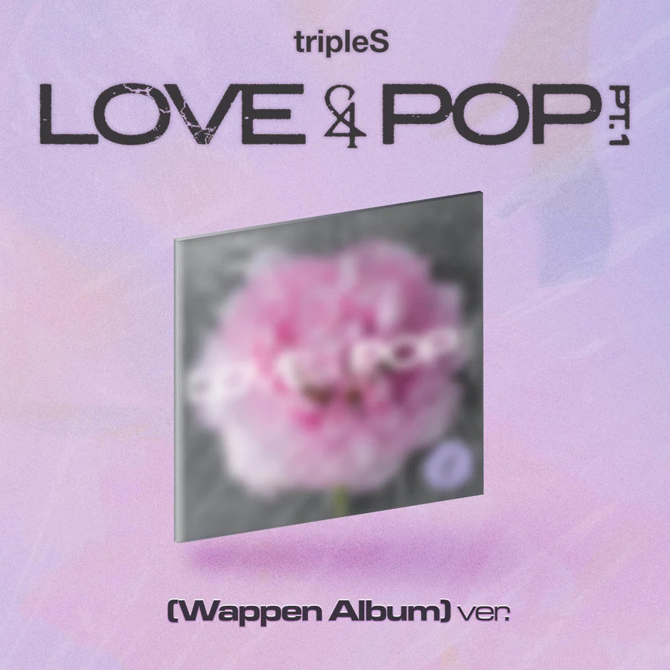 ALbum cover with a pink flower and text 'tripleS LOVE & POP' on a pink-purple gradient background