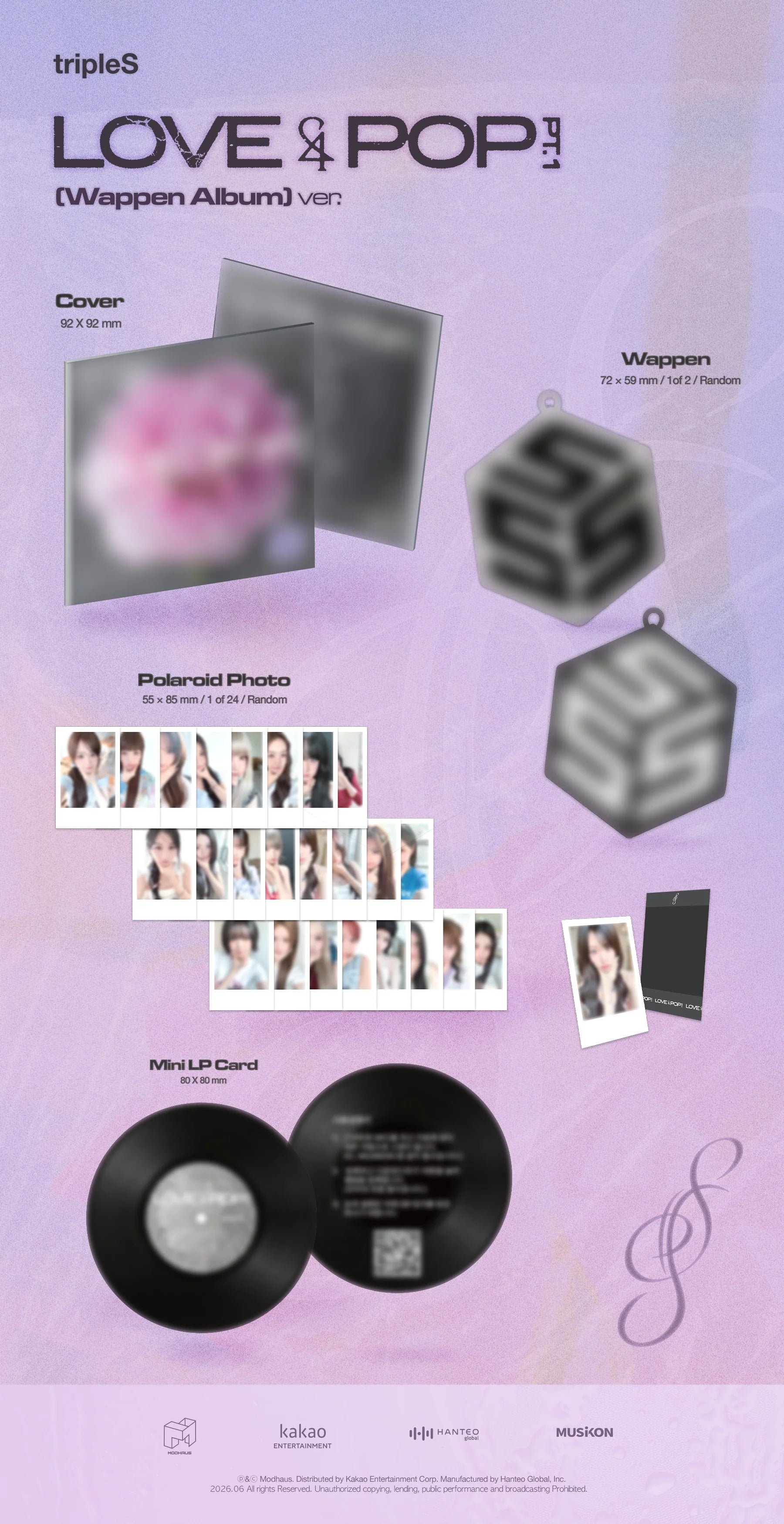 Triple S Love & Pop album packaging with various items on a pink-purple gradient background