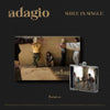 Music album cover and case with 'adagio' branding on a dark background