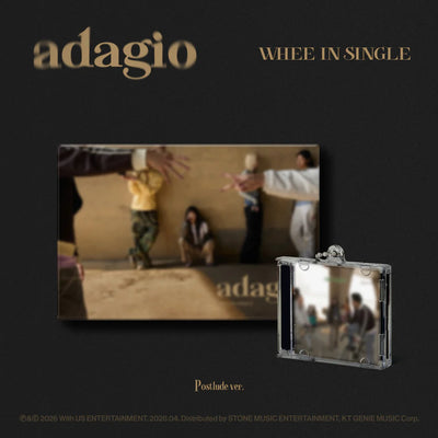 Music album cover and case with 'adagio' branding on a dark background