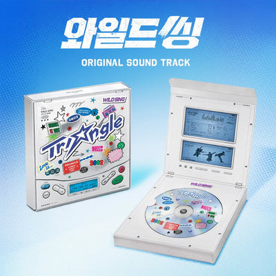 Tri-Angle game console with Wild Sing soundtrack packaging on a blue gradient background
