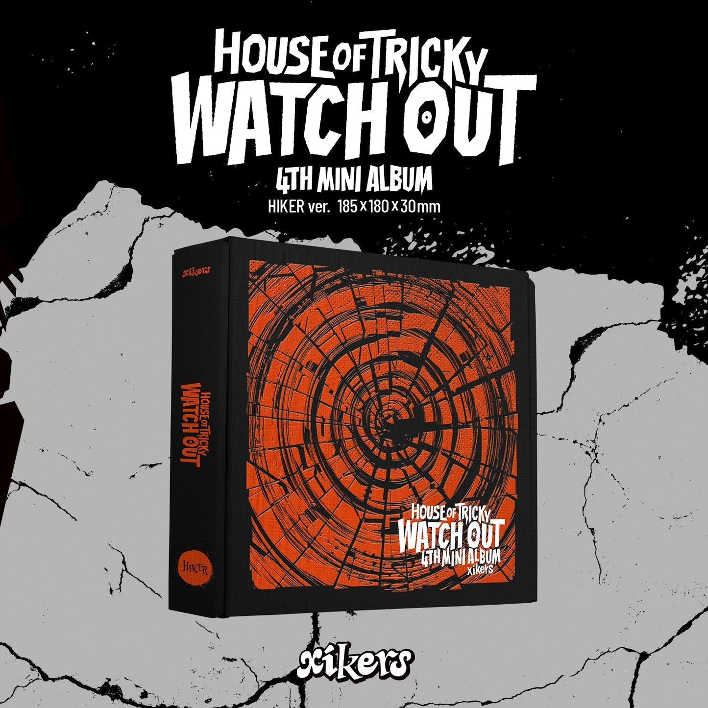 1 version of xiker's 4th mini album house of tricky: watch out with a orange box on a black-white background