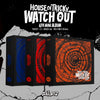 3 versions of xiker's 4th mini album house of tricky: watch out with blue, red and orange boxes on a black-white background