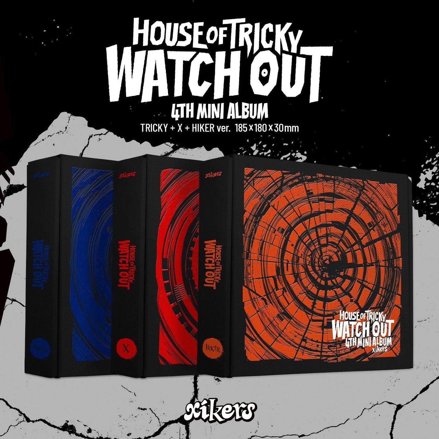 3 versions of xiker's 4th mini album house of tricky: watch out with blue, red and orange boxes on a black-white background