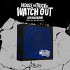 1 version of xiker's 4th mini album house of tricky: watch out with a blue box on a black-white background