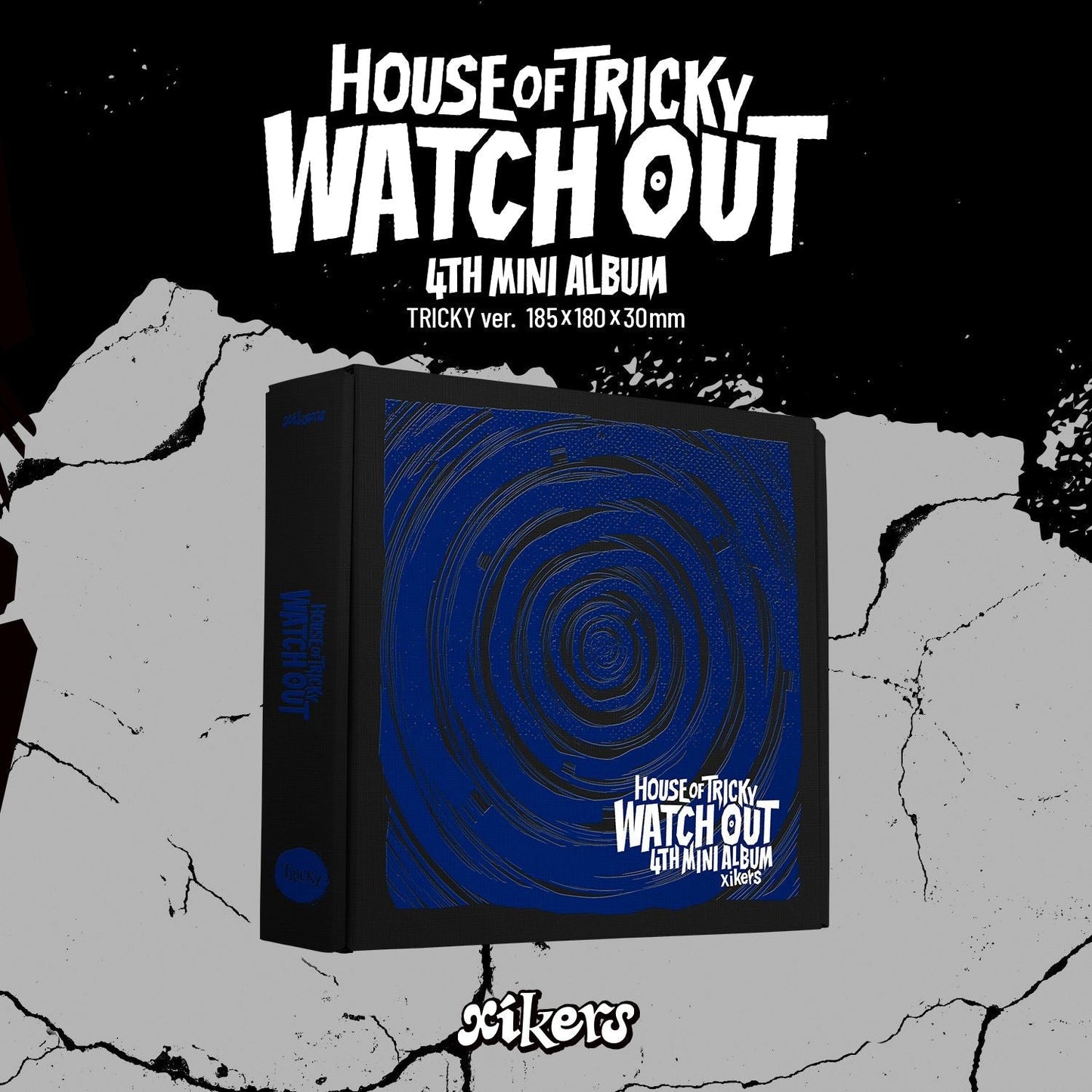 1 version of xiker's 4th mini album house of tricky: watch out with a blue box on a black-white background