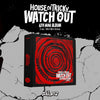 1 version of xiker's 4th mini album house of tricky: watch out with a red box on a black-white background