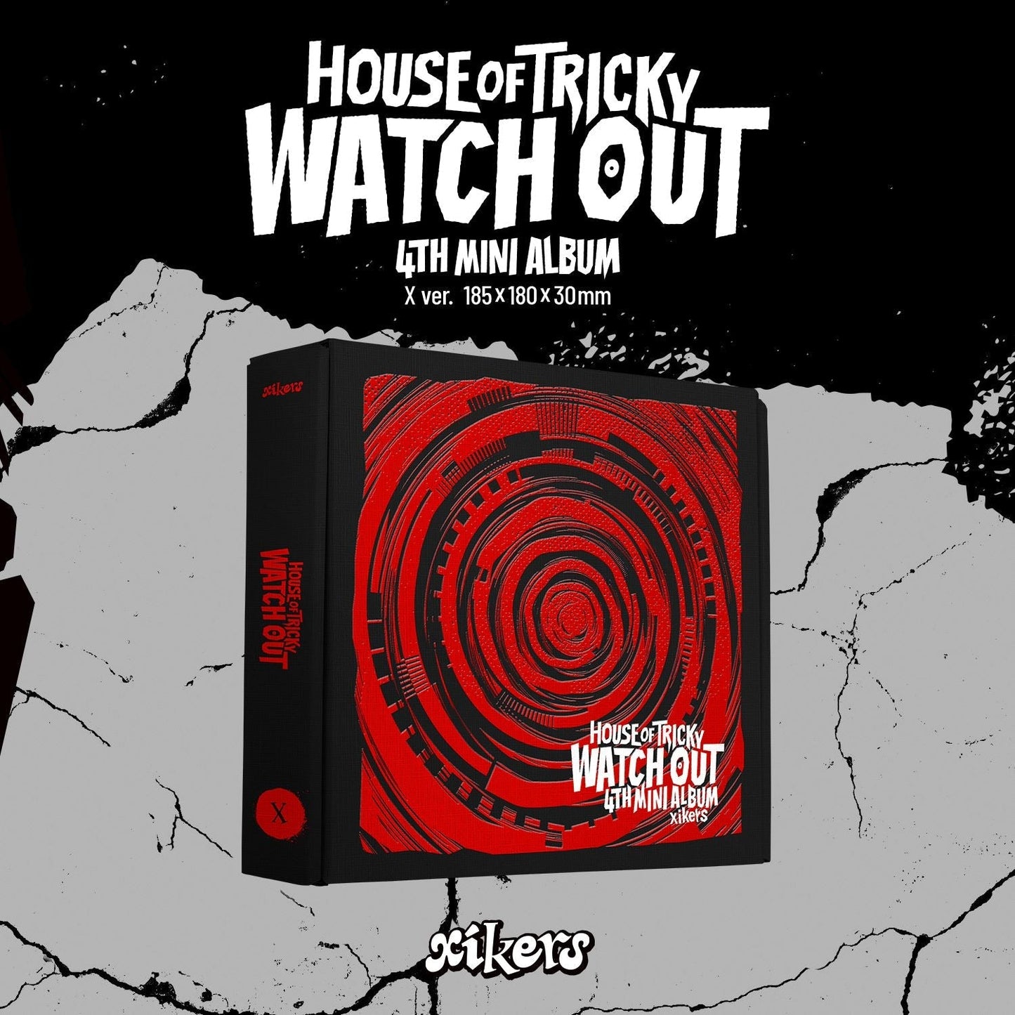 1 version of xiker's 4th mini album house of tricky: watch out with a red box on a black-white background