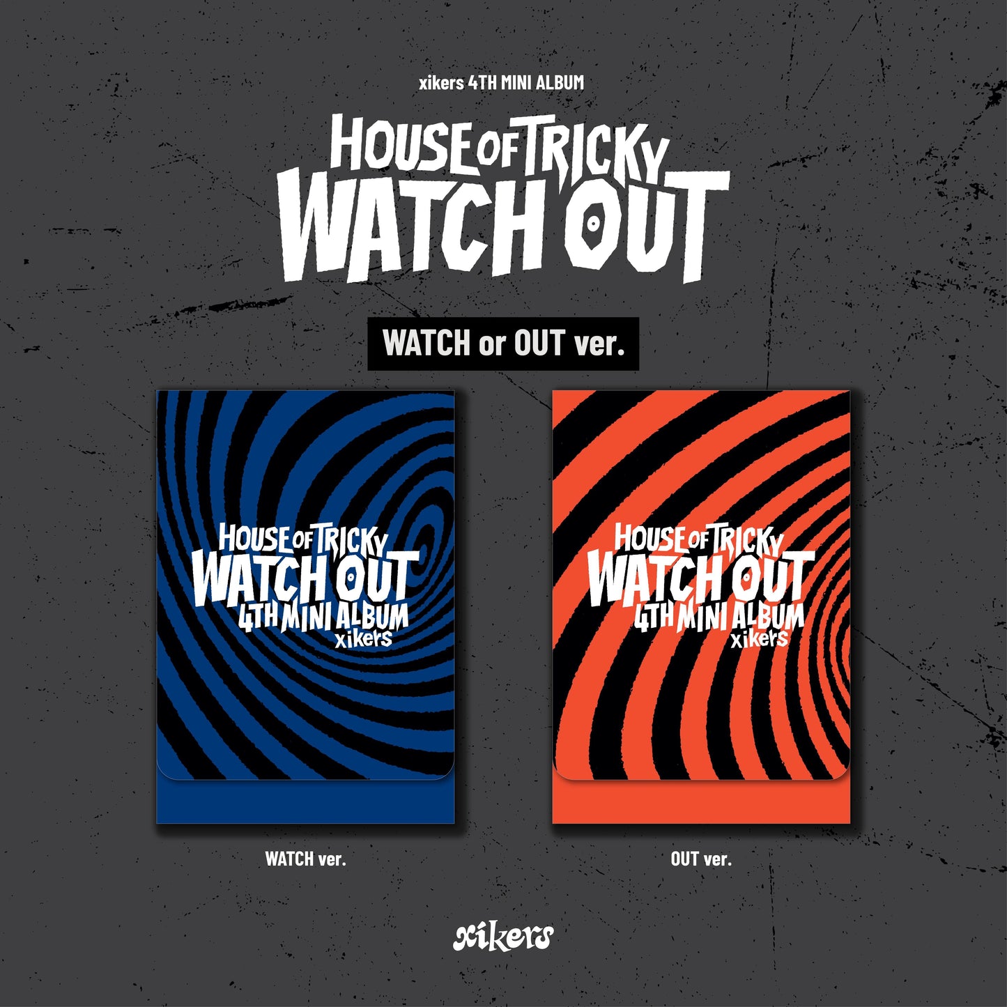2 versions of xiker's 4th mini album house of tricky: watch out with blue and red boxes on a gray background