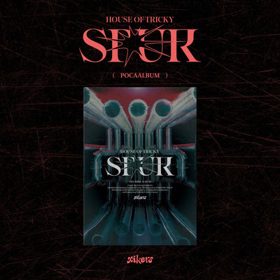 photo of xikers's 5th mini album 'House of Tricky' pocaalbum version and text of album title on red grunge background