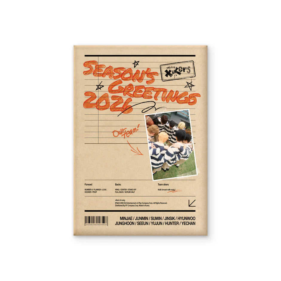 Product packaging with xikers's 'Season's Greetings 2026'  photo of members doing a huddle