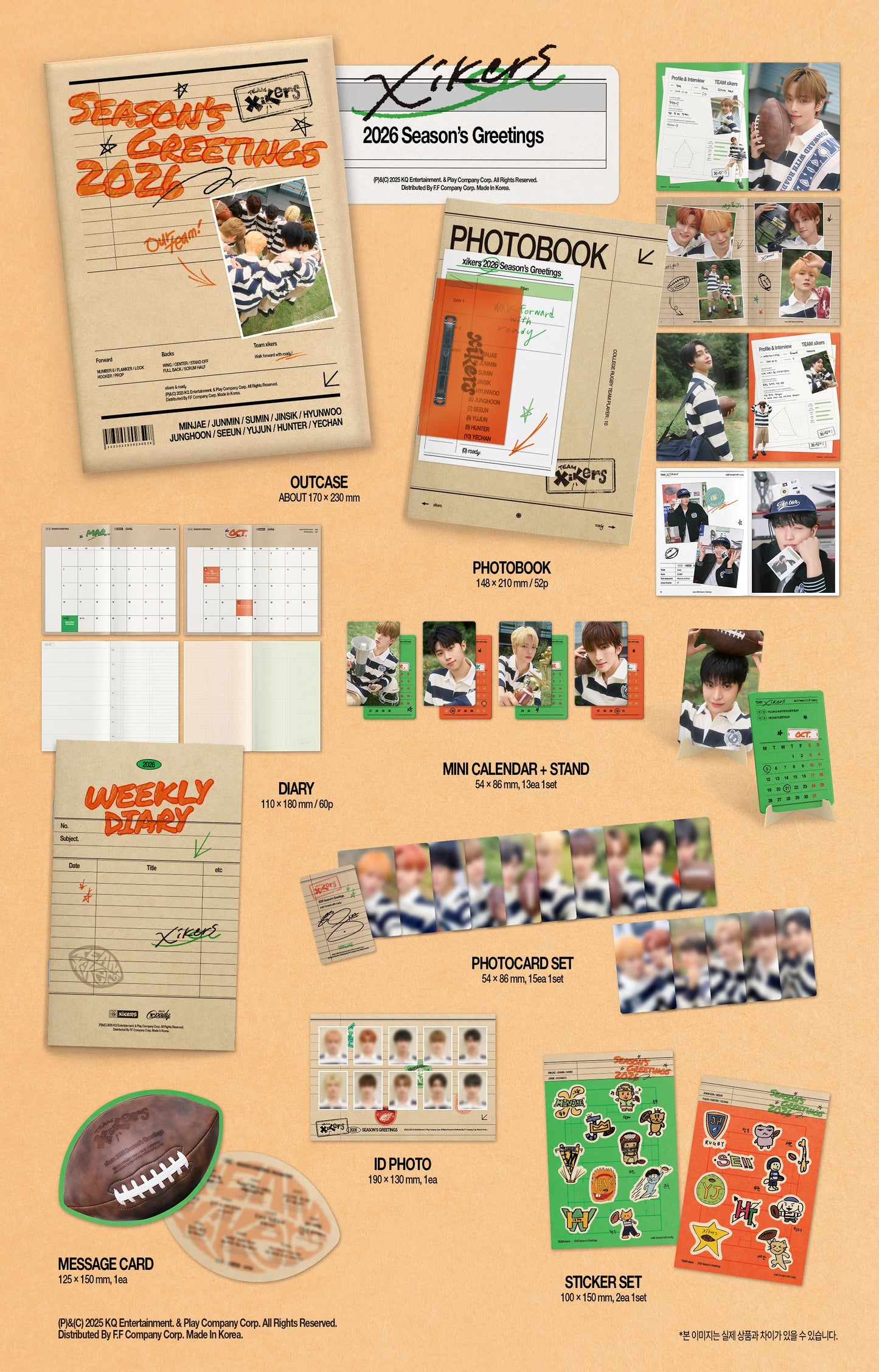 Product inclusions of xikers's 2026 seasons greetings showing sports-themed stationery items on a beige background