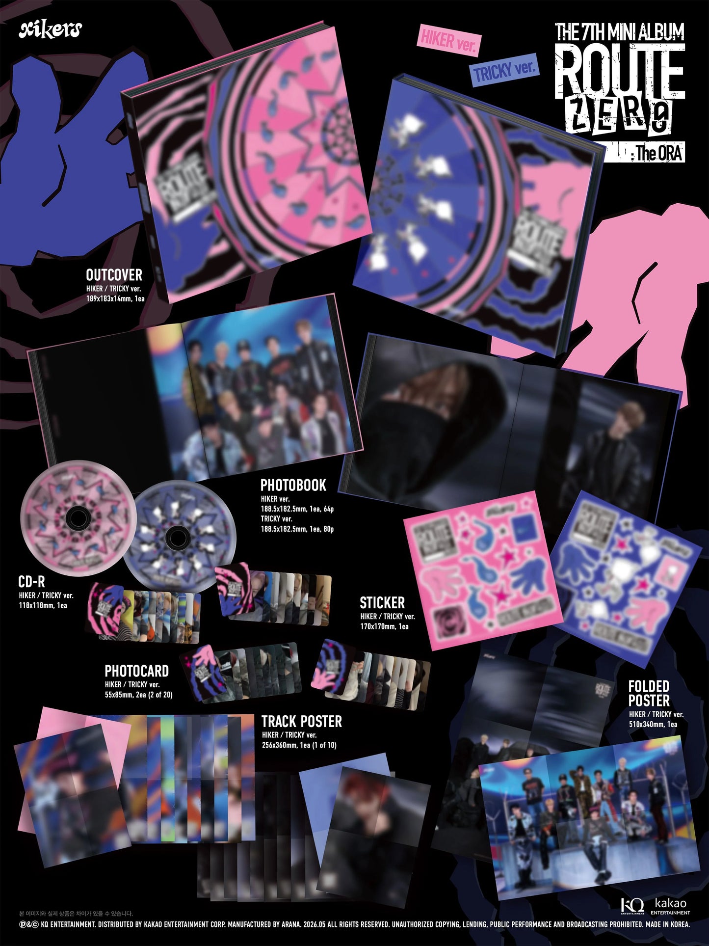 Promotional image of xikers's 7th mini album package with various items including CD, photobook, and stickers.