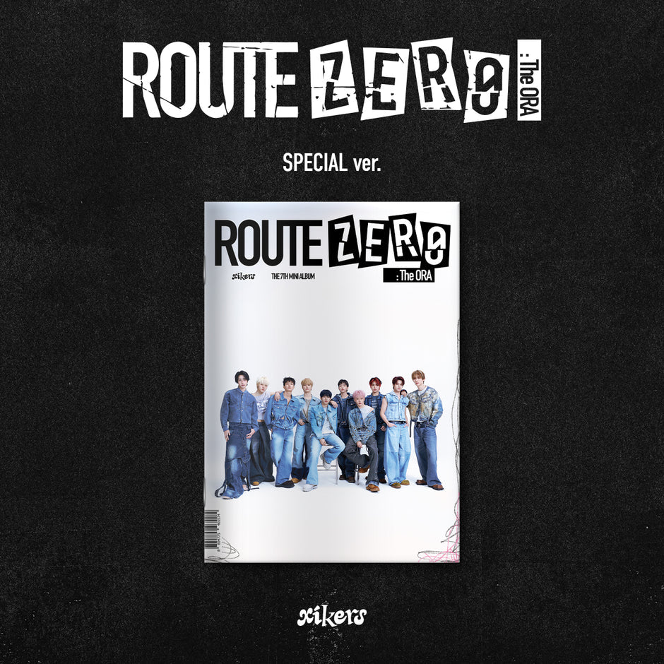 xikers's 7th mini album packaging of 'ROUTE ZER0' with the members on a black background