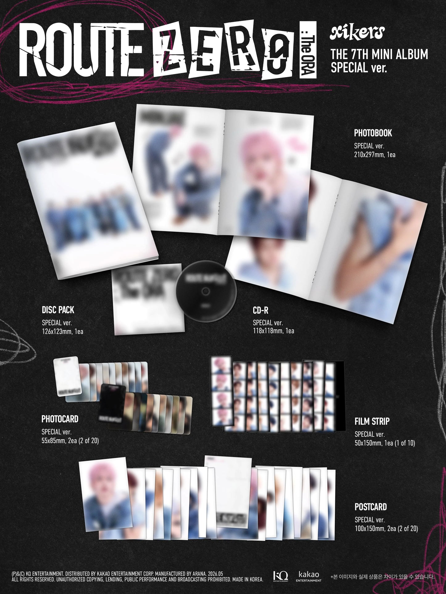 Album packaging for xikers's 'Route Zero' with various items including a disc, photobook, and postcard on a black background.